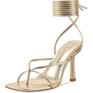 Women's Metal-Gold Lace Up Square Toe Open Thong Stylish Stiletto Heel Shoe